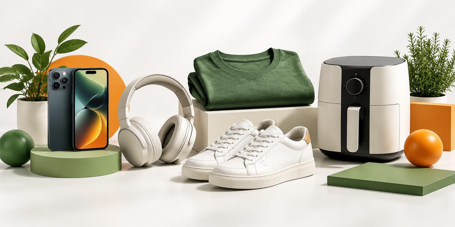 Celular, fone, tênis, camiseta e fritadeira